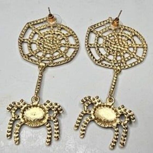 Itzy Bitzy Kitsch Rhinestone Spiderweb Dangle Earrings 2.75"L x 1.25"W - Picture 3 of 3